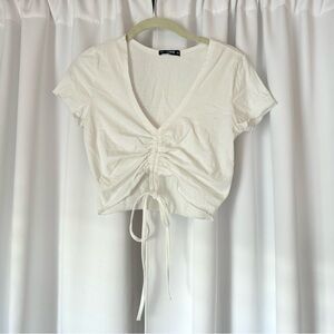 SHEIN Solid White Ruched Self Tie Crop Top Size Small